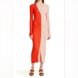▪️Staud Shoko Ribbed Cardigan Sweater Dress Colorblock Two Tone Midi Pink Orange